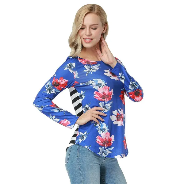 Kaamastra_Blue_Stripe_Flower_Print_Full_Sleeve_Women_S_Top
