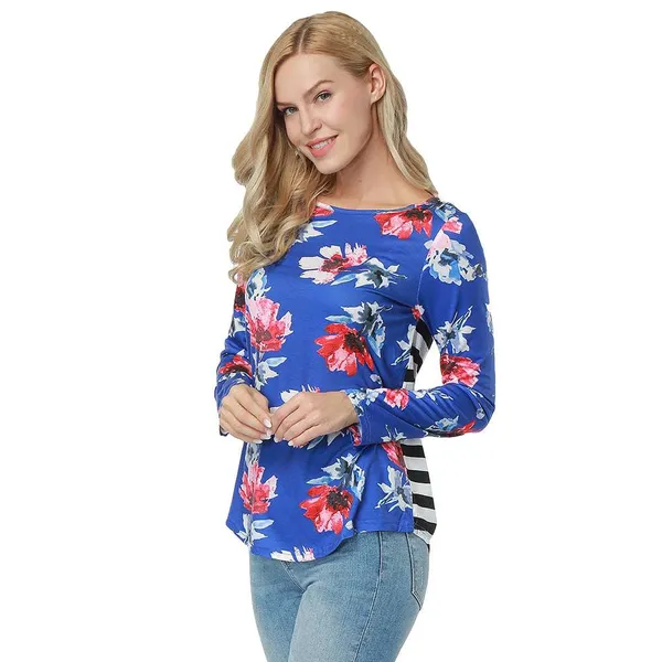 Kaamastra_Blue_Stripe_Flower_Print_Full_Sleeve_Women_S_Top