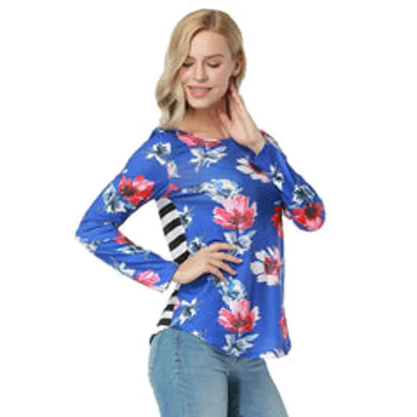 Kaamastra_Blue_Stripe_Flower_Print_Full_Sleeve_Women_S_Top