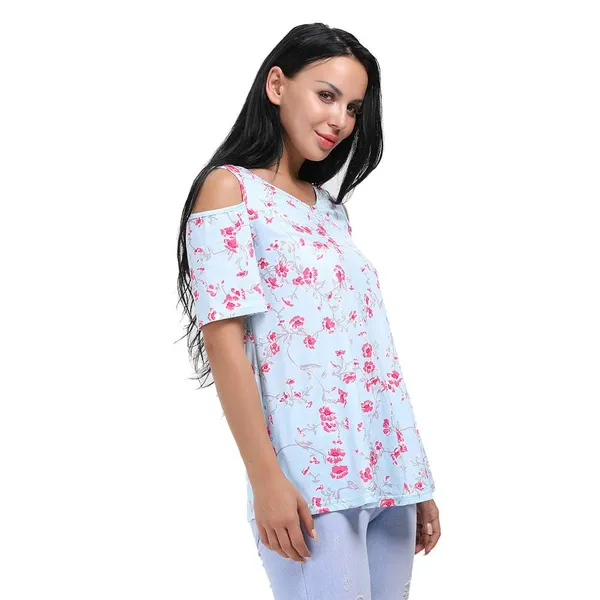 Kaamastra_Light_Blue_Floral_Short_Sleeve_Cold_Shoulder_Top_For_Women