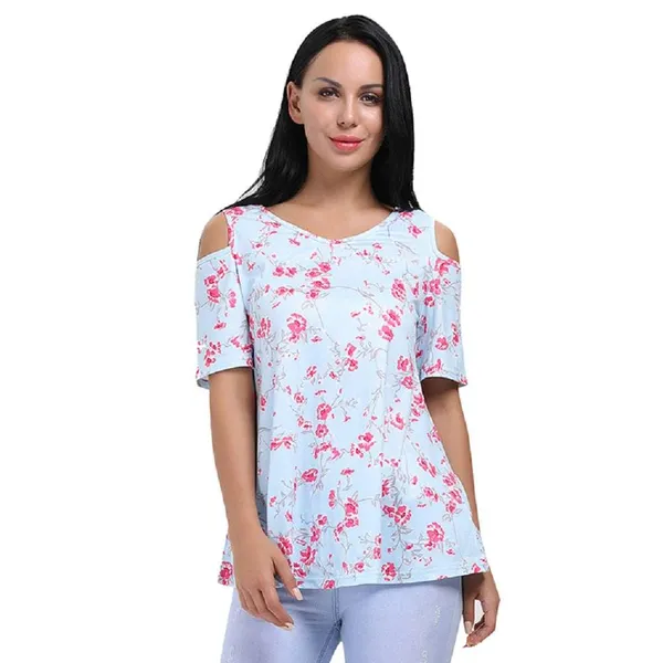 Kaamastra_Light_Blue_Floral_Short_Sleeve_Cold_Shoulder_Top_For_Women