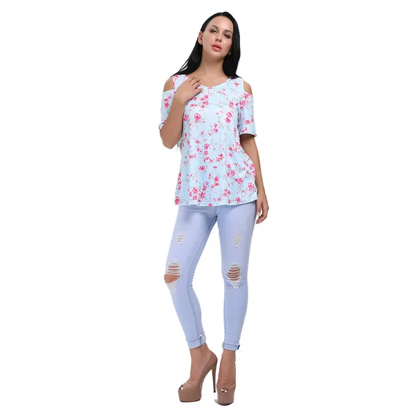 Kaamastra_Light_Blue_Floral_Short_Sleeve_Cold_Shoulder_Top_For_Women