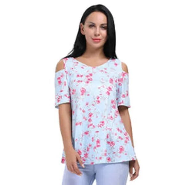 Kaamastra_Light_Blue_Floral_Short_Sleeve_Cold_Shoulder_Top_For_Women