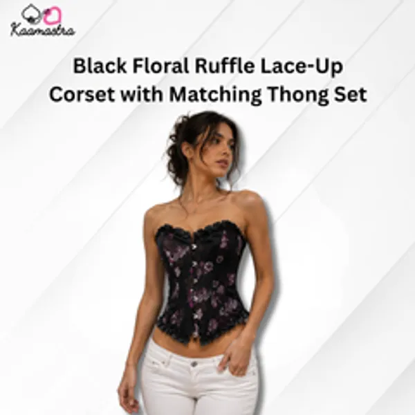 Kaamastra_S_Black_Floral_Ruffle_Lace_Up_Corset_With_Matching_Thong_Set_Size_S