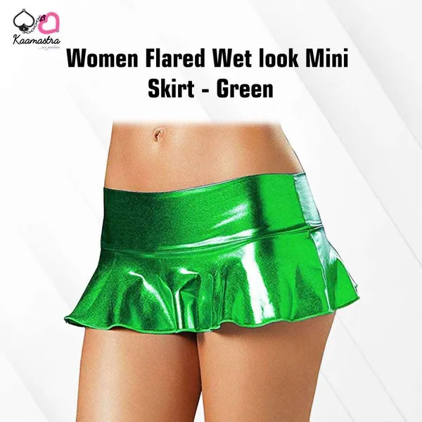 Kaamastra_Women_Flared_Wet_Look_Mini_Skirt_Green