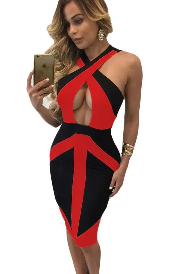 Kaamastra_Black_Red_Colorblock_Sleeveless_Bodycon_Dress