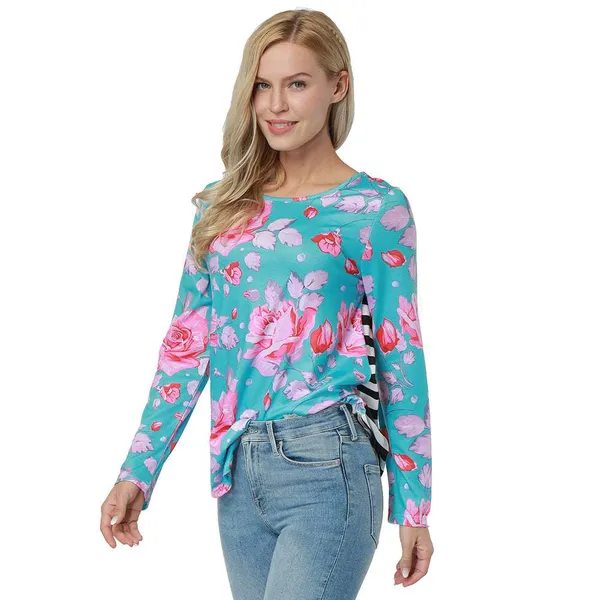 Kaamastra_Blue_Floral_And_Stripes_Print_Full_Sleeve_Women_S_Top