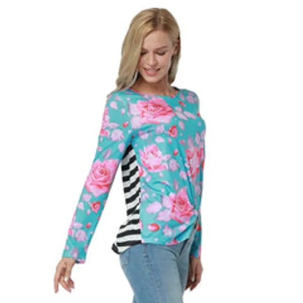 Kaamastra_Blue_Floral_And_Stripes_Print_Full_Sleeve_Women_S_Top