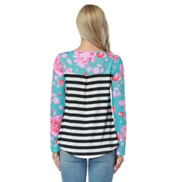 Kaamastra_Blue_Floral_And_Stripes_Print_Full_Sleeve_Women_S_Top
