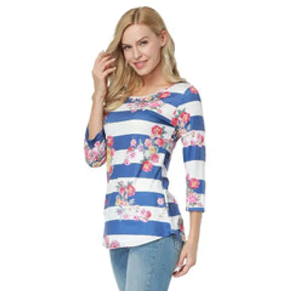 Kaamastra_White_Blue_Full_Sleeve_Striped_Floral_Printed_Women_Top