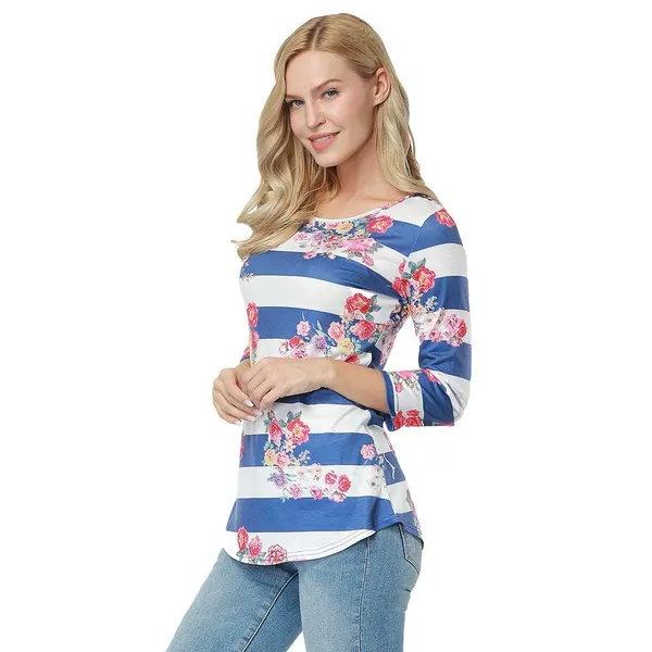 Kaamastra_White_Blue_Full_Sleeve_Striped_Floral_Printed_Women_Top