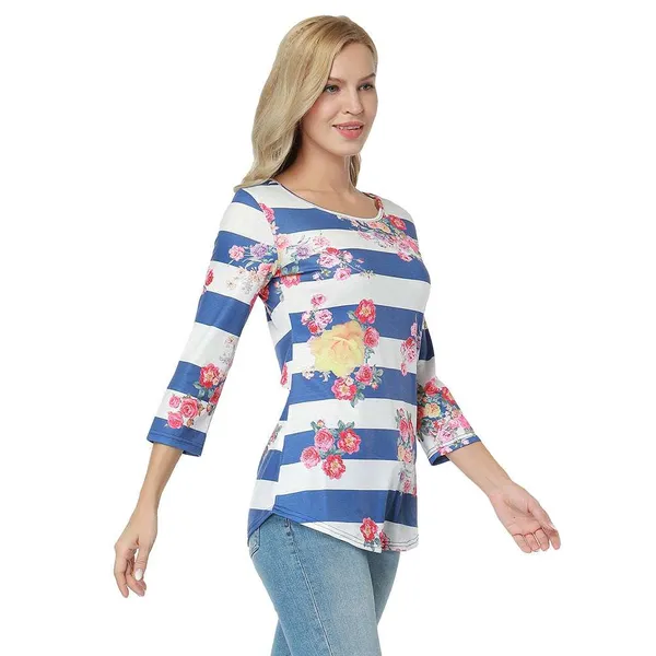 Kaamastra_White_Blue_Full_Sleeve_Striped_Floral_Printed_Women_Top
