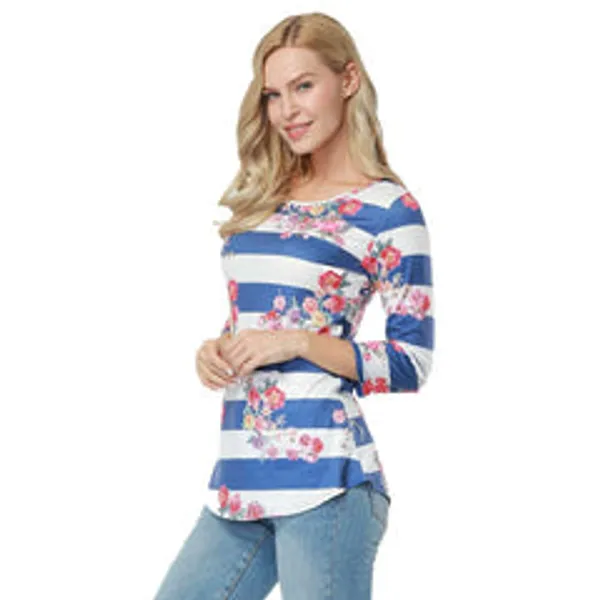 Kaamastra_White_Blue_Full_Sleeve_Striped_Floral_Printed_Women_Top