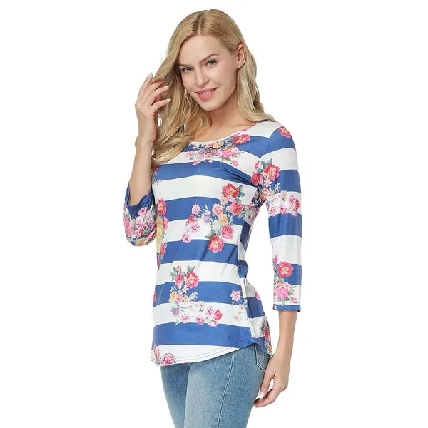 Kaamastra_White_Blue_Full_Sleeve_Striped_Floral_Printed_Women_Top