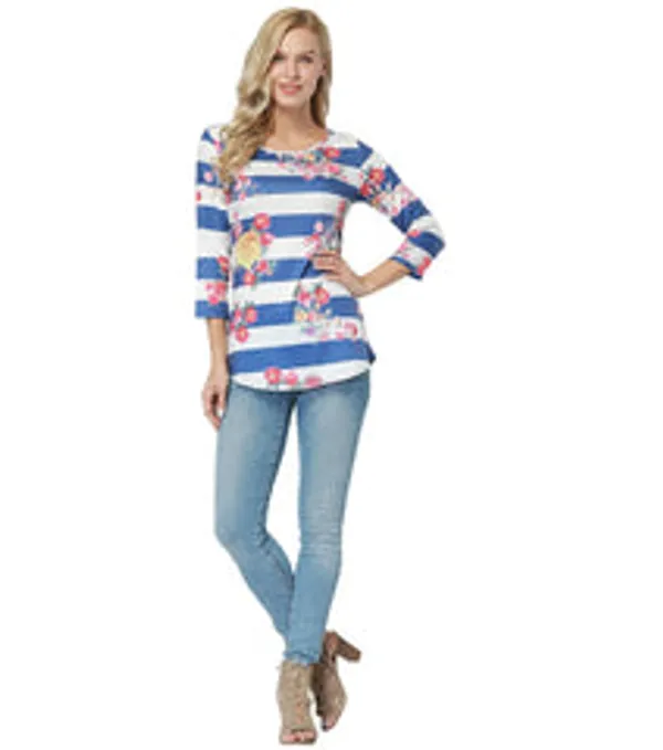 Kaamastra_White_Blue_Full_Sleeve_Striped_Floral_Printed_Women_Top