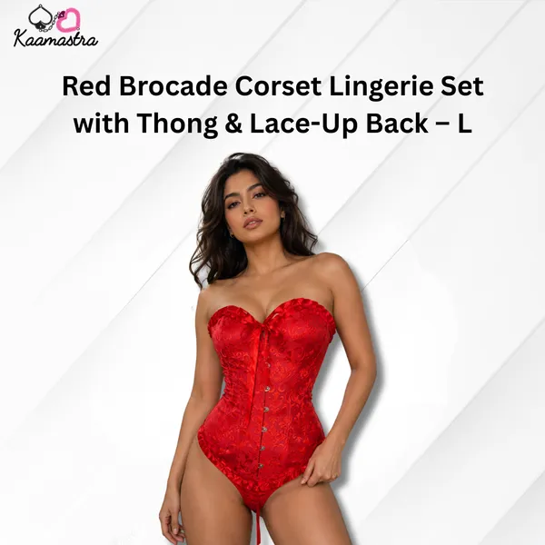 Kaamastra_S_Red_Brocade_Corset_Lingerie_Set_With_Thong_Lace_Up_Back_L