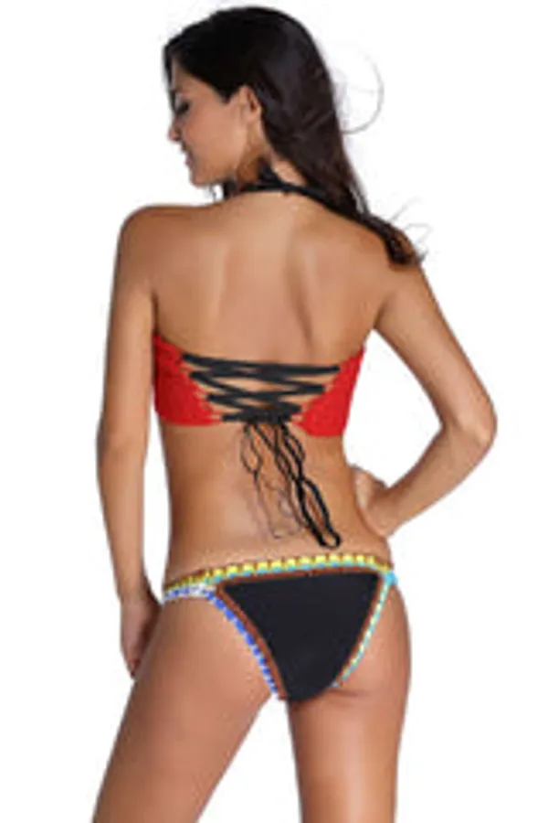 Kaamastra_Red_And_Black_Unlined_Crochet_Bikini