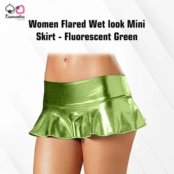 Kaamastra_Women_Flared_Wet_Look_Mini_Skirt_Fluorescent_Green