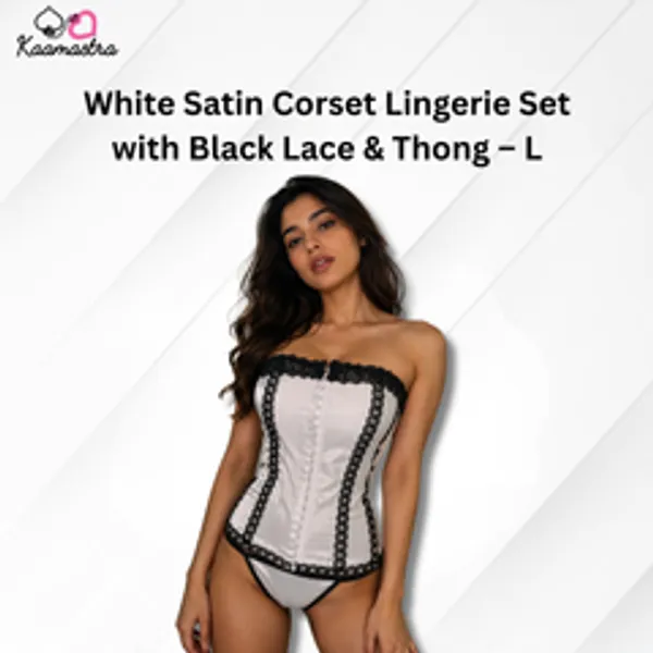 White_Satin_Corset_Lingerie_Set_With_Black_Lace_Thong_L