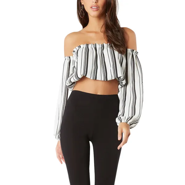 Kaamastra_Black_And_White_Stripe_Print_Full_Sleeve_Crop_Top