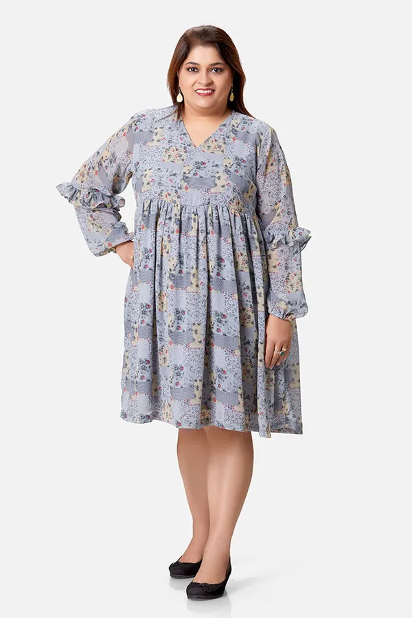 Grey_Georgette_Floral_Long_Sleeve_Dress_For_Women