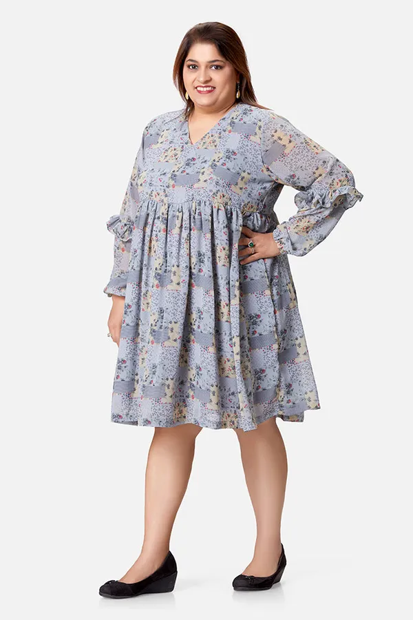 Grey_Georgette_Floral_Long_Sleeve_Dress_For_Women