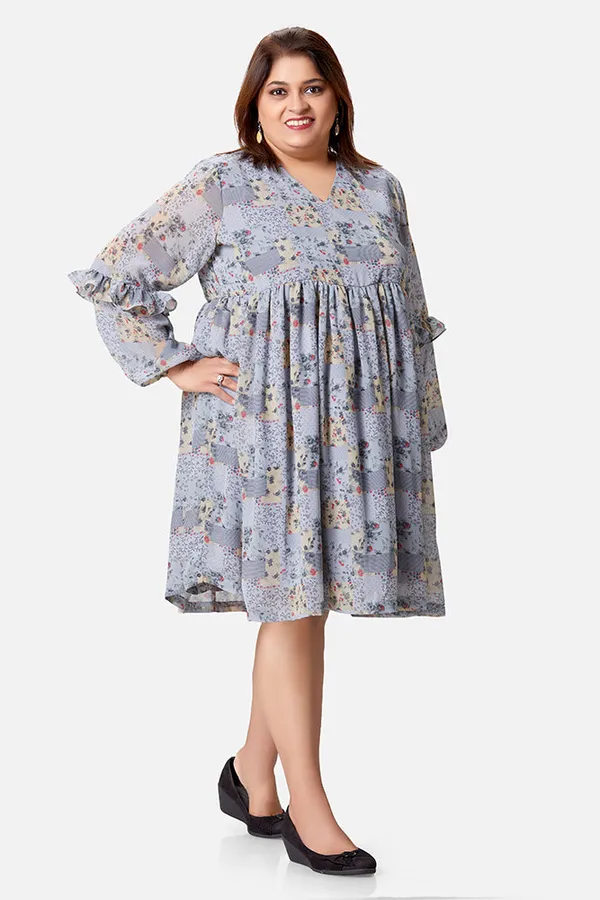 Grey_Georgette_Floral_Long_Sleeve_Dress_For_Women
