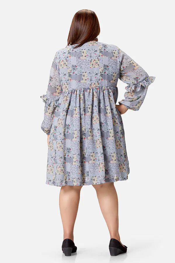 Grey_Georgette_Floral_Long_Sleeve_Dress_For_Women