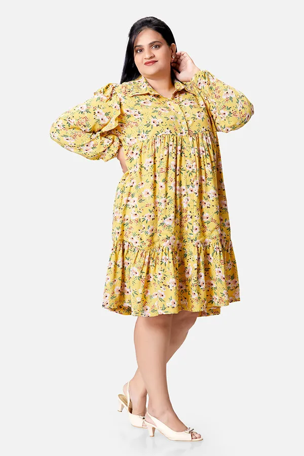 Yellow_Rayon_Floral_Long_Sleeve_Knee_Length_Dress_For_Women