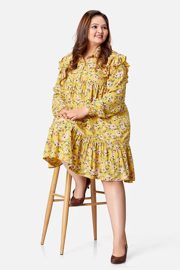 Yellow_Rayon_Floral_Long_Sleeve_Knee_Length_Dress_For_Women