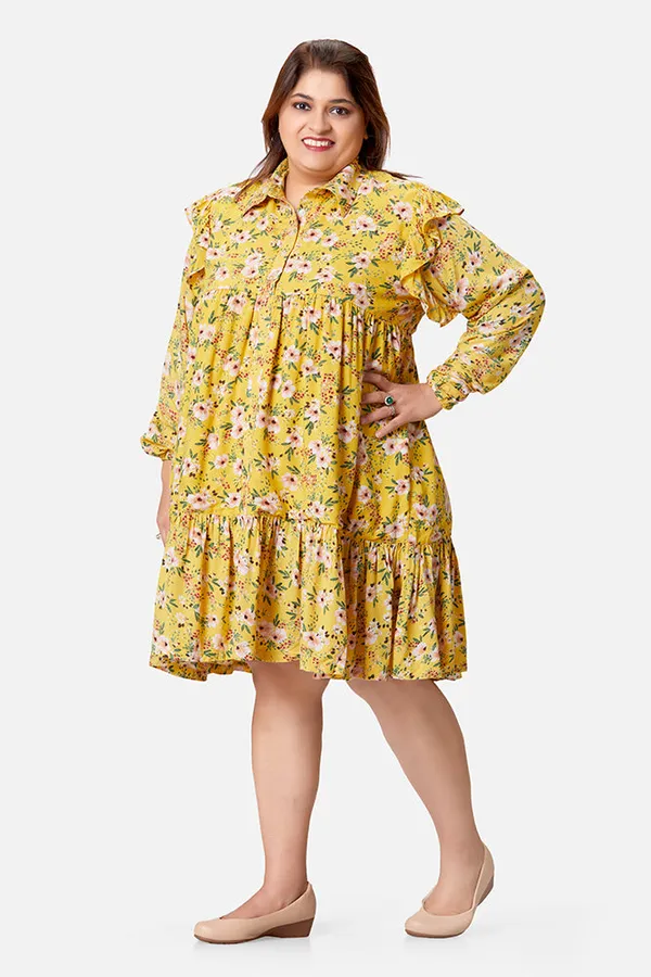 Yellow_Rayon_Floral_Long_Sleeve_Knee_Length_Dress_For_Women