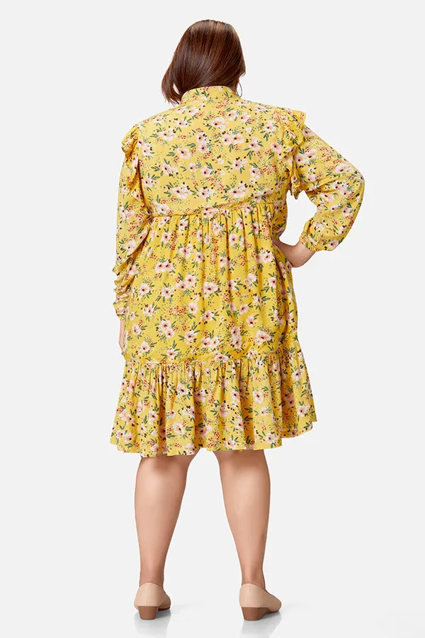 Yellow_Rayon_Floral_Long_Sleeve_Knee_Length_Dress_For_Women
