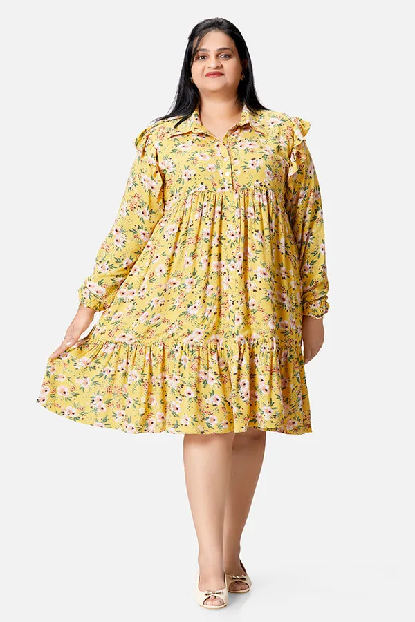 Yellow_Rayon_Floral_Long_Sleeve_Knee_Length_Dress_For_Women
