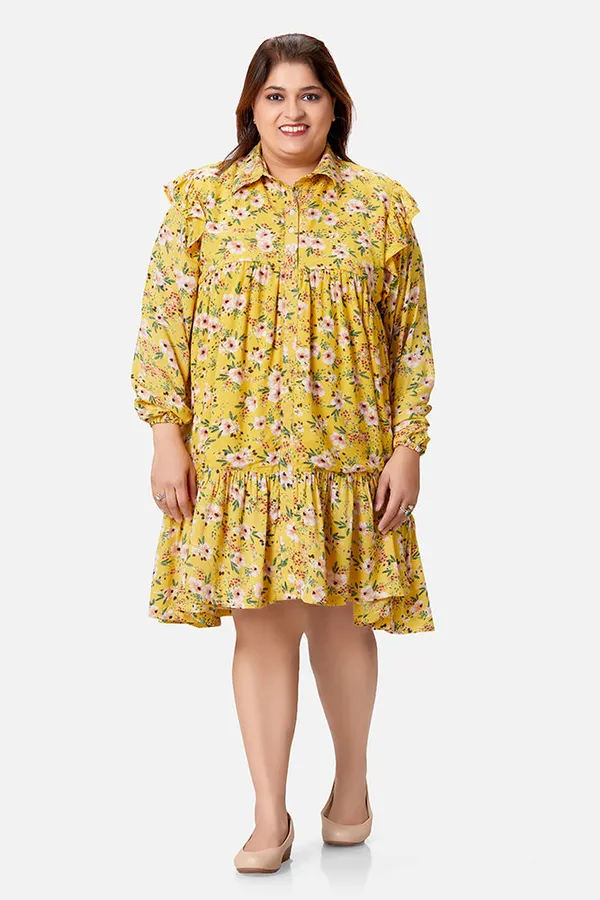 Yellow_Rayon_Floral_Long_Sleeve_Knee_Length_Dress_For_Women