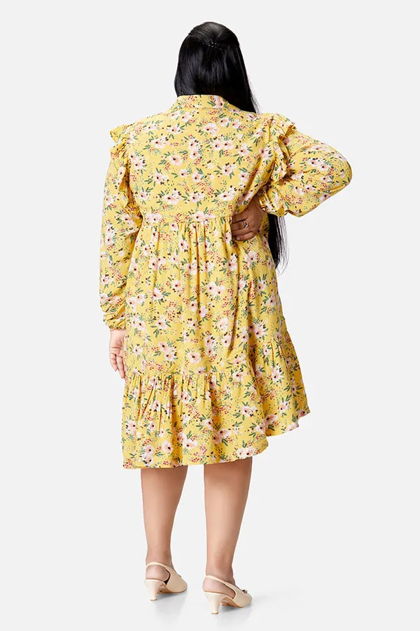 Yellow_Rayon_Floral_Long_Sleeve_Knee_Length_Dress_For_Women