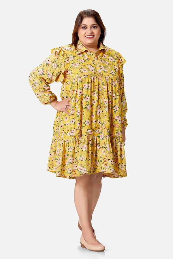 Yellow_Rayon_Floral_Long_Sleeve_Knee_Length_Dress_For_Women
