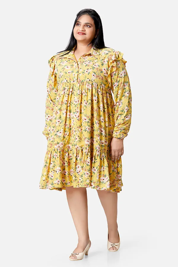 Yellow_Rayon_Floral_Long_Sleeve_Knee_Length_Dress_For_Women
