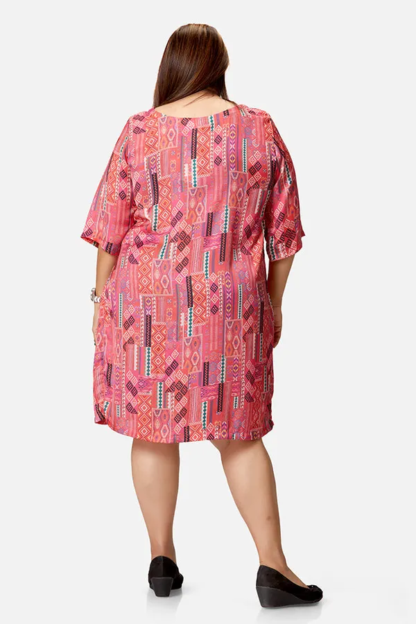 Crimson_Satin_Abstract_Print_Three_Quarter_Sleeve_Dress_For_Women