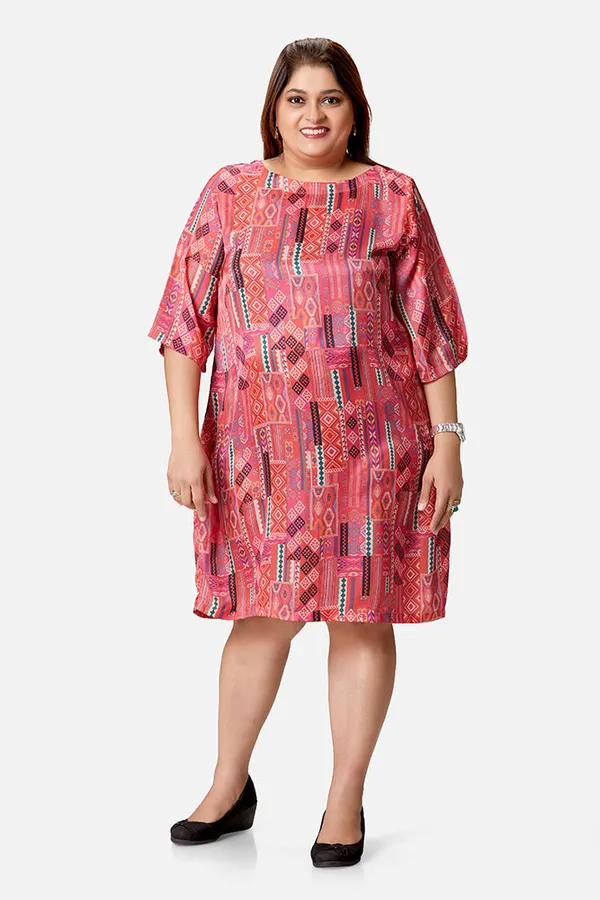 Crimson_Satin_Abstract_Print_Three_Quarter_Sleeve_Dress_For_Women