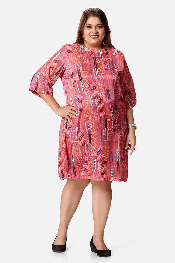 Crimson_Satin_Abstract_Print_Three_Quarter_Sleeve_Dress_For_Women