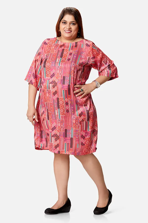 Crimson_Satin_Abstract_Print_Three_Quarter_Sleeve_Dress_For_Women