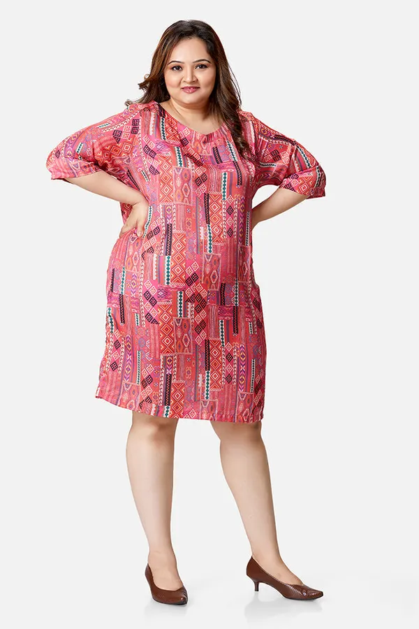 Crimson_Satin_Abstract_Print_Three_Quarter_Sleeve_Dress_For_Women