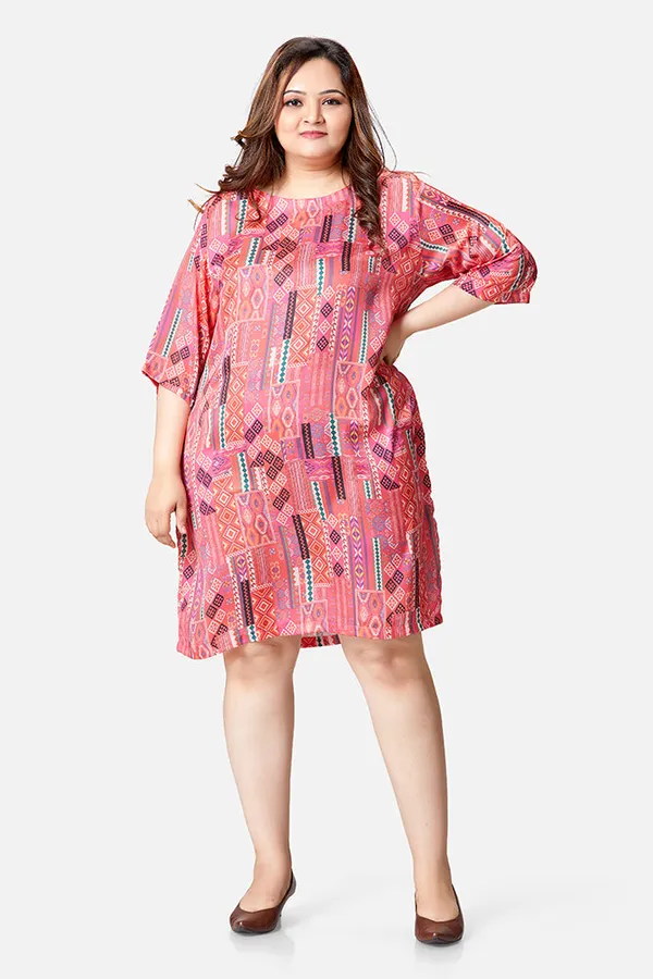 Crimson_Satin_Abstract_Print_Three_Quarter_Sleeve_Dress_For_Women
