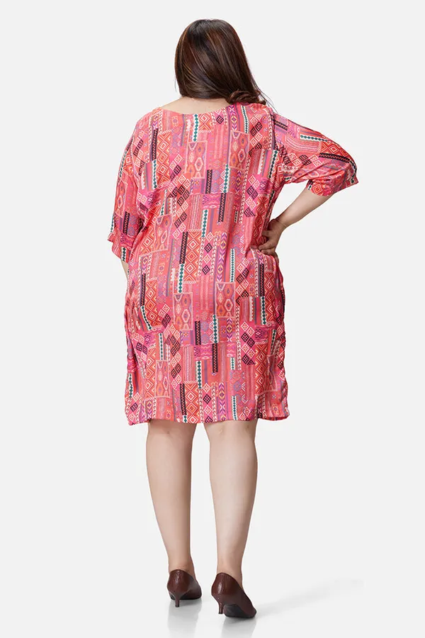 Crimson_Satin_Abstract_Print_Three_Quarter_Sleeve_Dress_For_Women