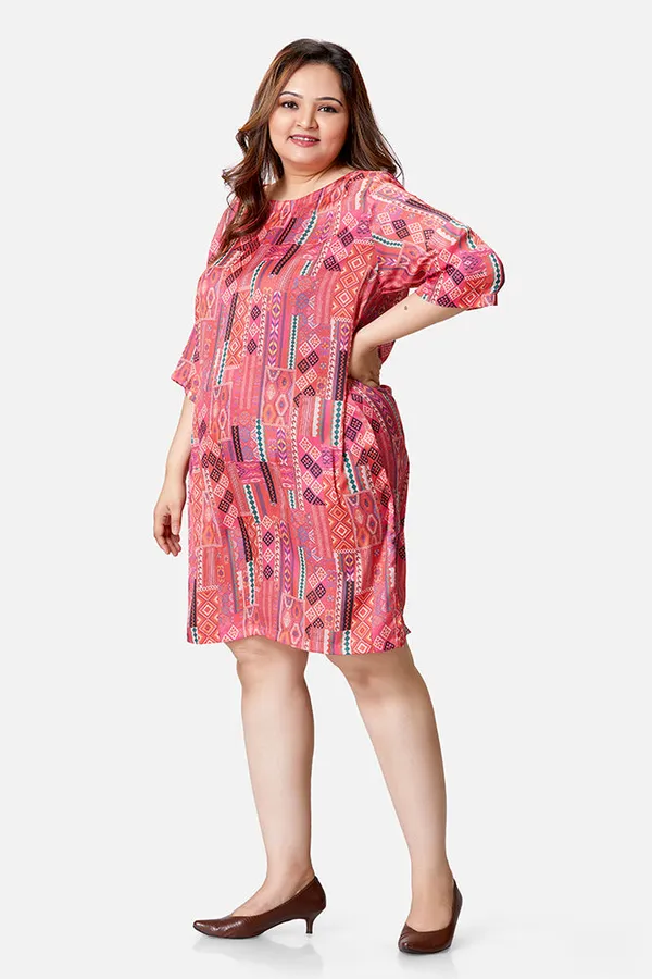 Crimson_Satin_Abstract_Print_Three_Quarter_Sleeve_Dress_For_Women