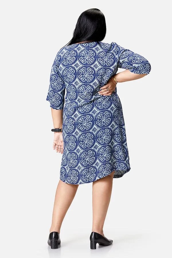 Indigo_Rayon_Abstract_Print_3/4_Sleeve_Dress_For_Women