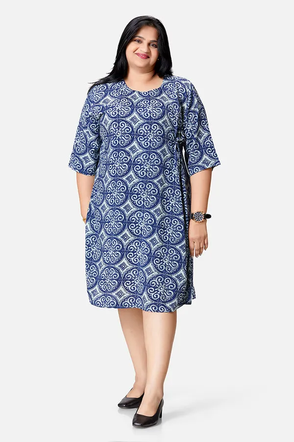 Indigo_Rayon_Abstract_Print_3/4_Sleeve_Dress_For_Women