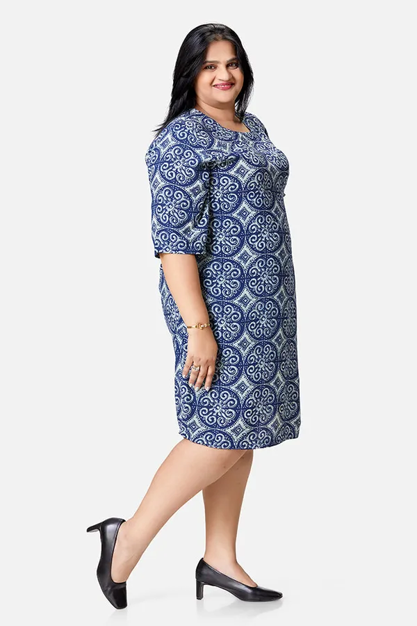 Indigo_Rayon_Abstract_Print_3/4_Sleeve_Dress_For_Women