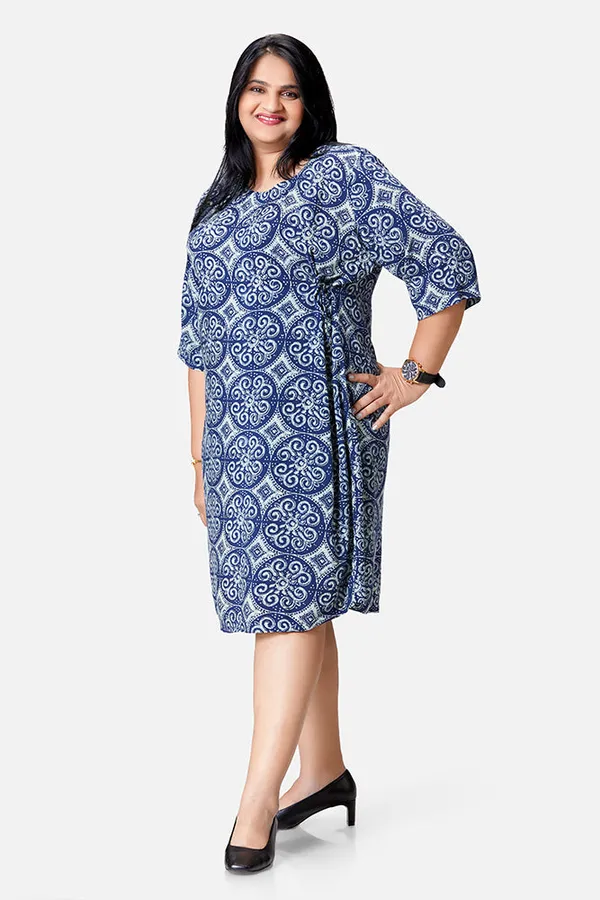 Indigo_Rayon_Abstract_Print_3/4_Sleeve_Dress_For_Women