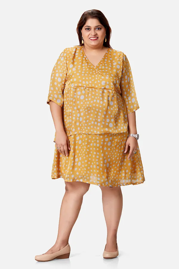 Yellow_Satin_Polka_Print_3/4_Sleeve_Dress_For_Women